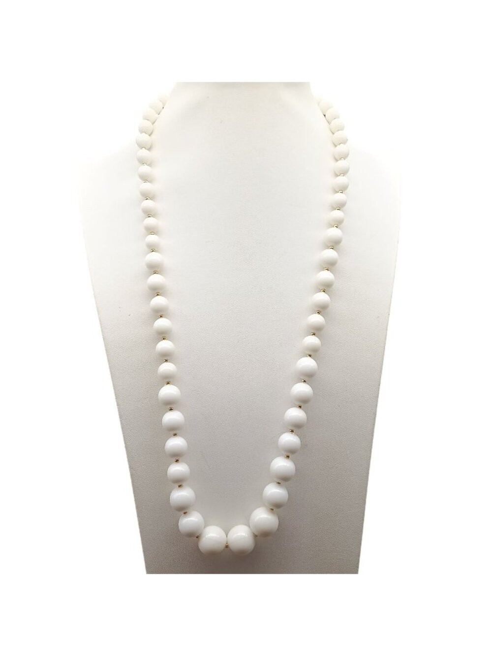 Vintage Lucite Graduated Strand Necklace with White Beads and Metallic Spacers